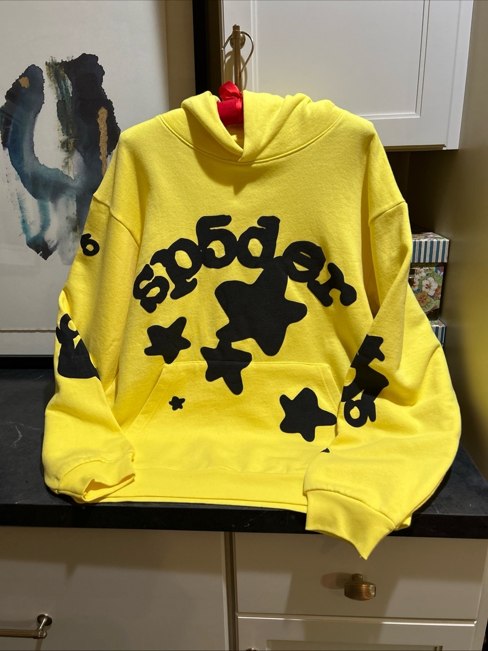 Sp5der Hoodie Beluga Yellow Size Medium Black Graphics Stars 100% Cotton